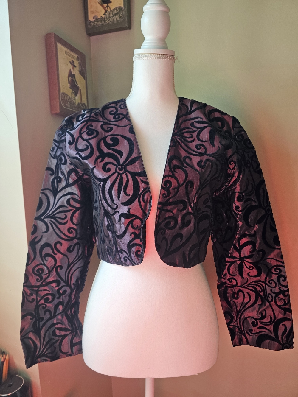 Women's Cropped Black Velvet Burnout Jacket